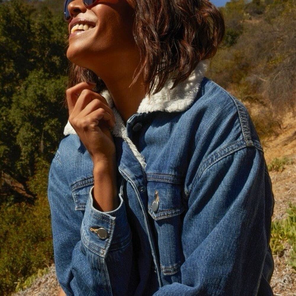 Outerknown Womens Small Peacenik Sherpa Denim Trucker Jacket Harbor Blue